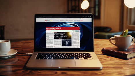 Laptop displaying breaking news in a cafe