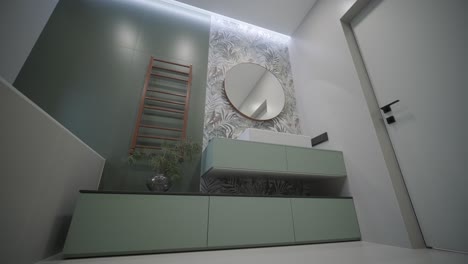 modern tiled bathroom with shower in modern home, real estate interior. wide shot footage
