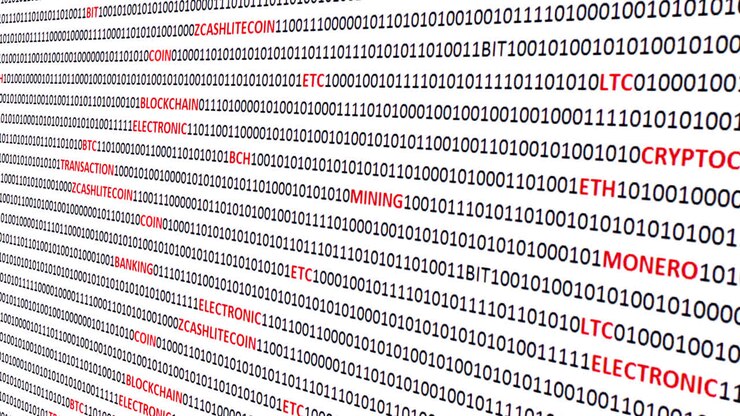 Cryptocurrency on a digital background. Background from a program code and cryptocurrencies