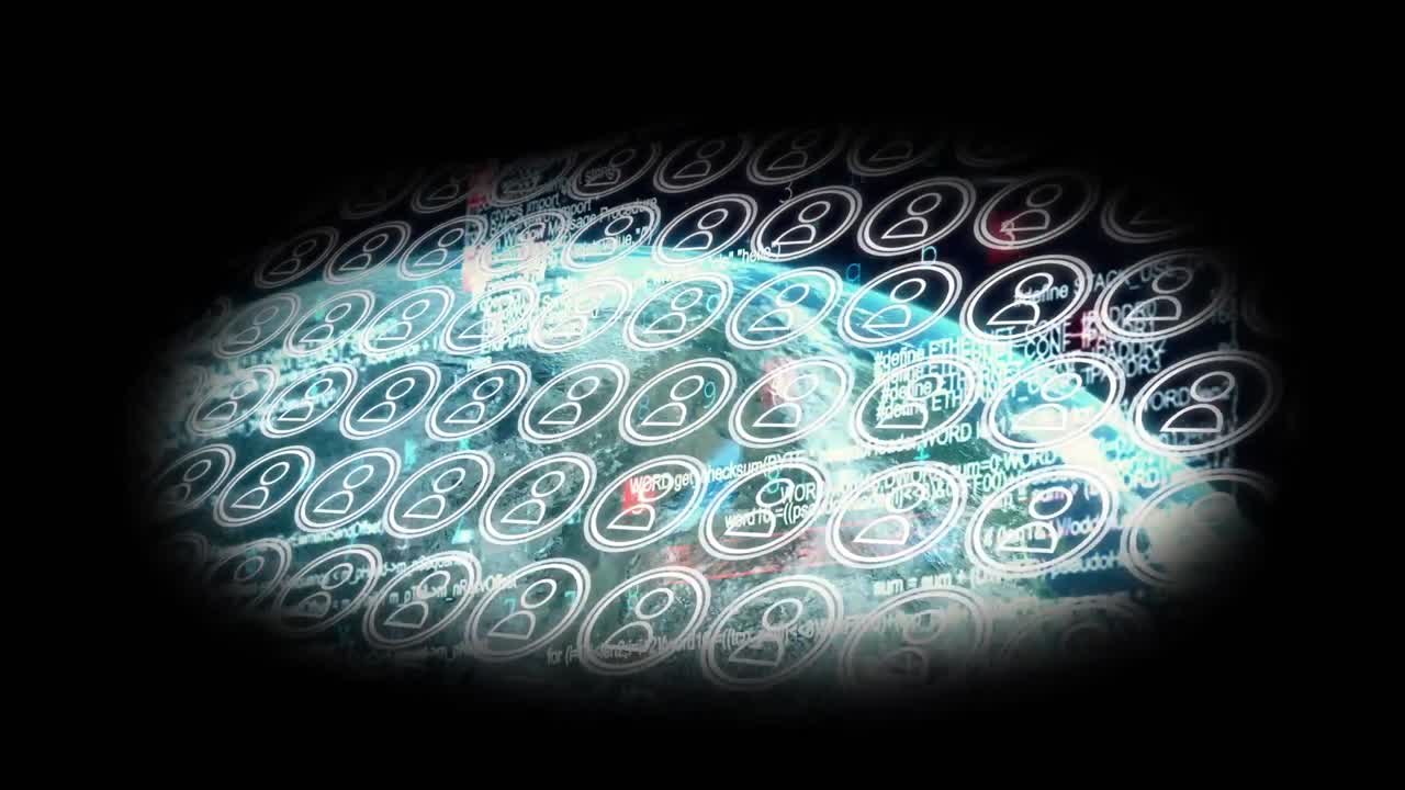 Animation of vignetted grid of people icons moving over data processing on globe
