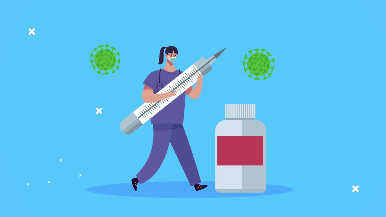 코로나19 백신 주사기와 병을 가진 여성 외과 의사