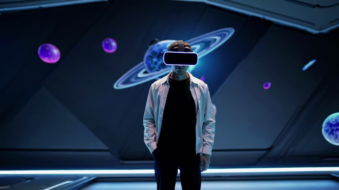 A low-angle shot of a person in VR headset, immersed in a cosmic-themed video experience