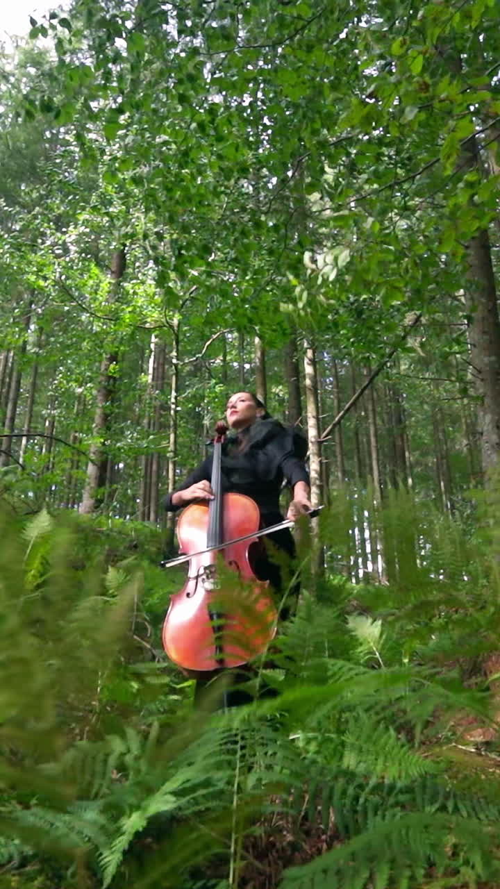 Woman with cello outdoor. Beautiful girl enjoys playing the cello on mountain