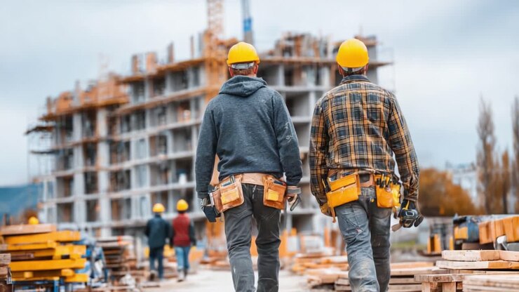 Twee bouwvakkers met veiligheidshelmen lopen zelfverzekerd naar een bouwplaats, omringd door houten planken en machines, wat teamwork en werk in uitvoering toont