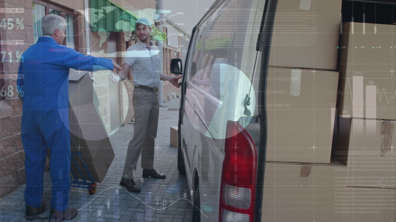 백인 배달사와 고위 남성 노동자와의 악수를 하는 백인 배달사와의 통계 데이터 처리