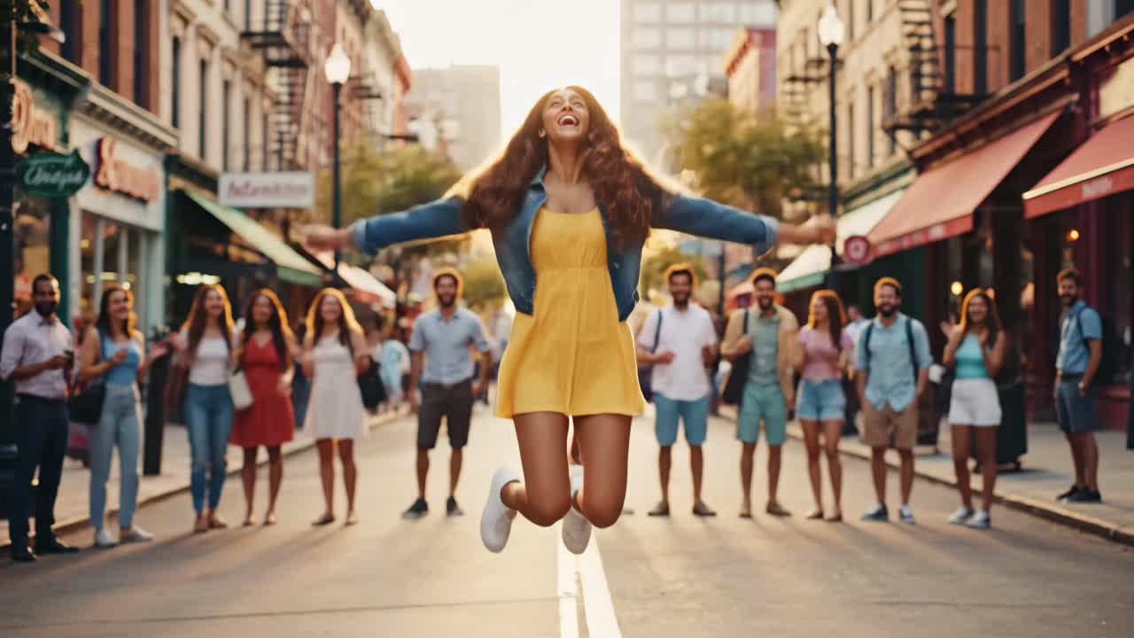 Excited woman celebrating with a group of people on a city street