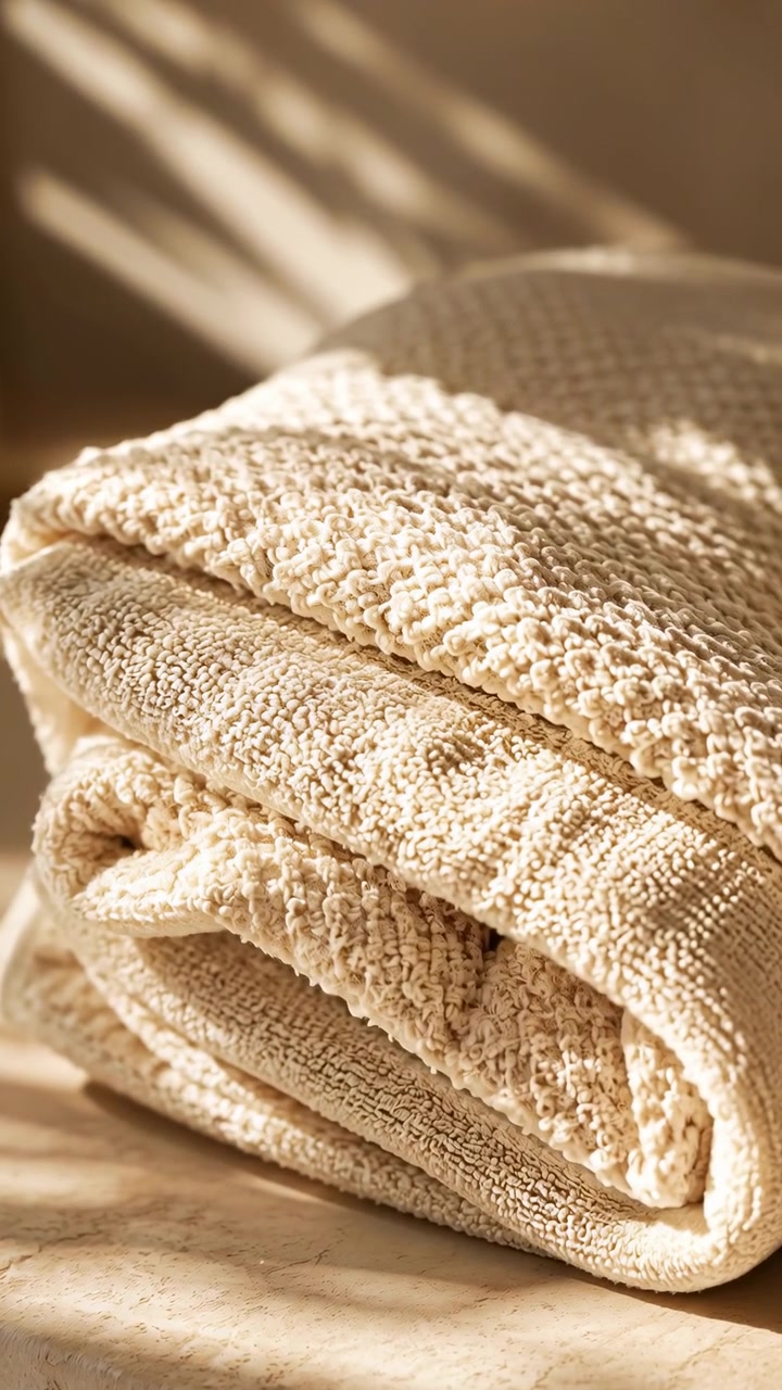 Vista ravvicinata di coperte color crema beige piegate ordinatamente e impilate su una superficie di pietra grezza, con luce solare calda e direzionale che crea motivi d'ombra mutevoli, contrasto morbido e un'atmosfera interna calma e neutra.