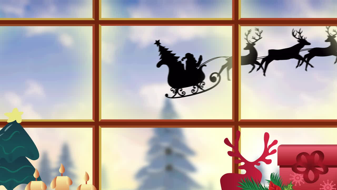 animación de santa claus en trineo con renos vistos a través de ventanas y decoraciones navideñas