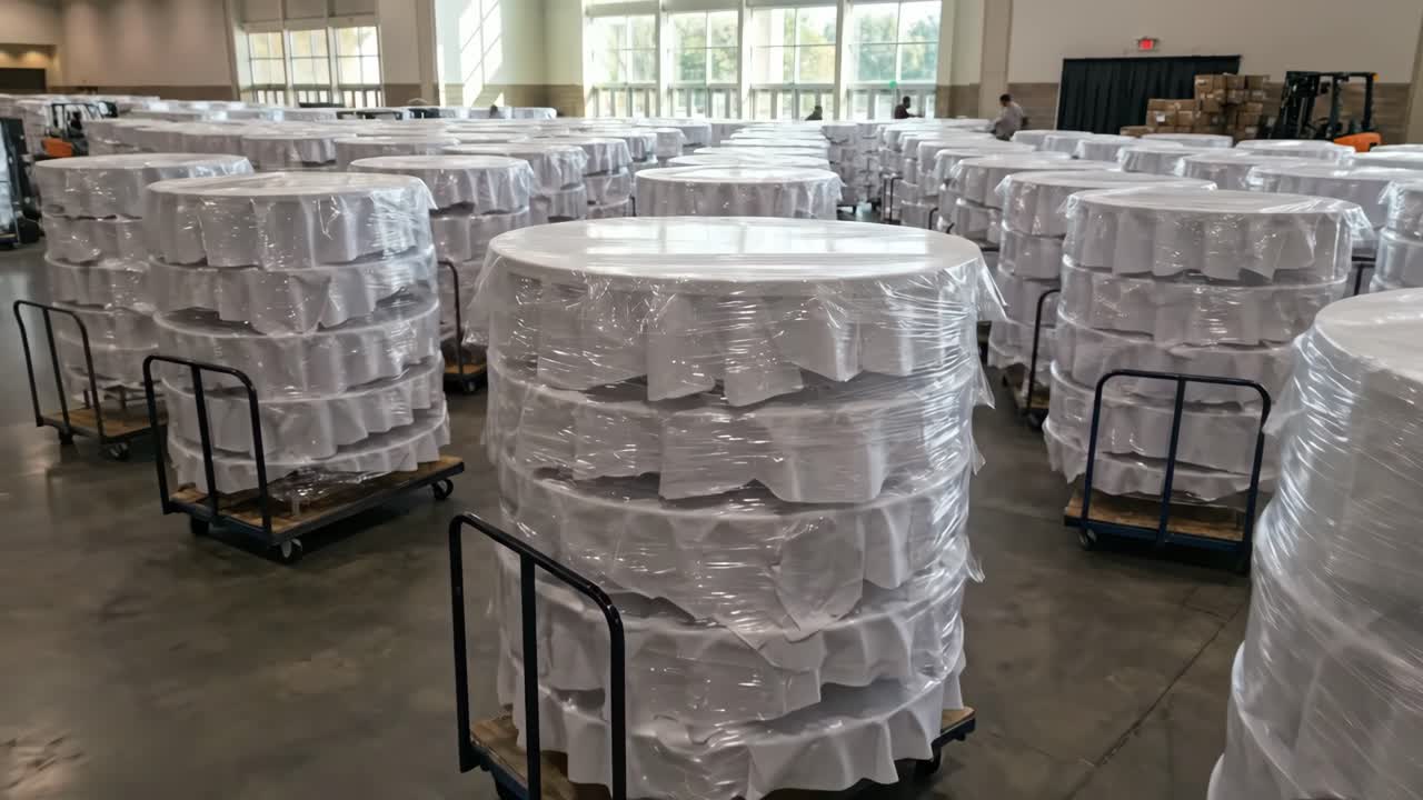 Stacks of Round Tables with White Tablecloths in a Large Event Hall