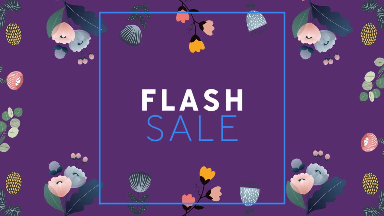 보라색 배경에 최면 운동으로 움직이는 꽃 위에 플래시 판매 텍스트의 애니메이션