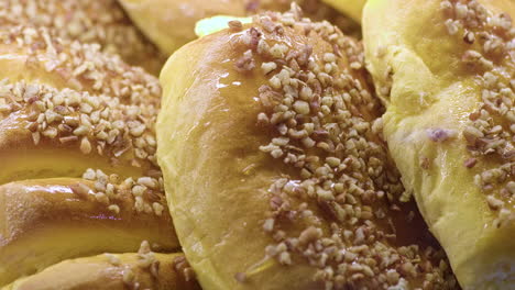 a close-up of delectable sweet treats in a bakery shop