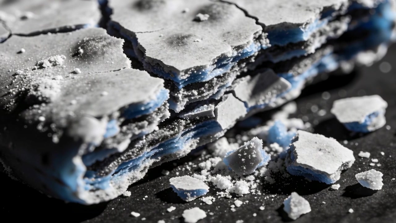 Zooming camera revealing broken stacked white wafer on slate to show blue filling and crumbs