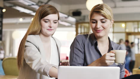 business women meeting in cafe using laptop drinking coffee