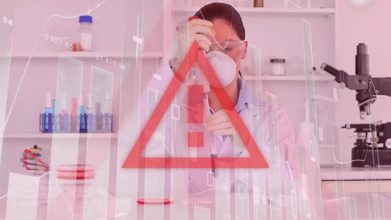 빨간 삼각형 경고 표지판과 코로나19 확산 그래프가 배경에서 일하는 과학자