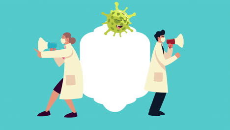 una pareja de médicos con máscaras médicas y megáfonos