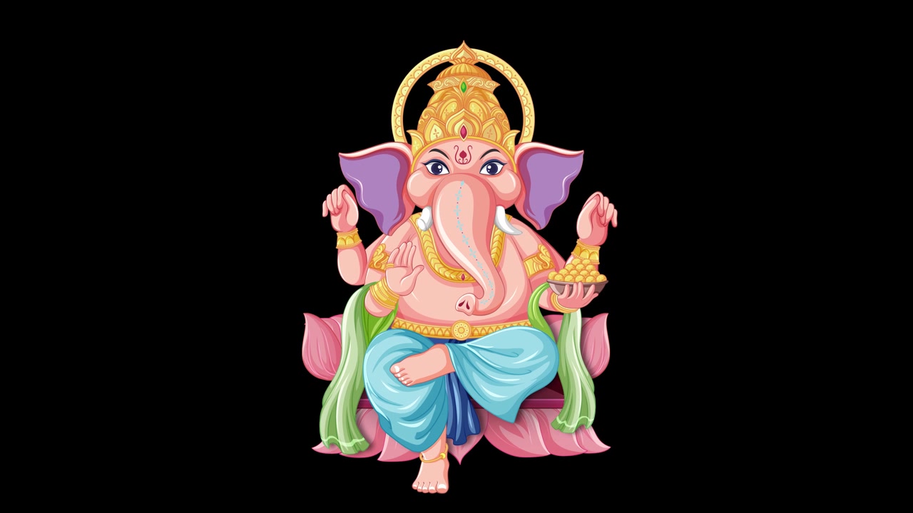 Ilustração animada do Senhor Ganesha sentado em uma flor de lótus
