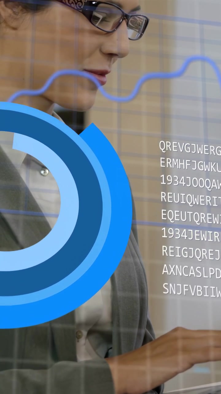 Video verticale: Analista che tocca il tablet e aggiorna grafici a barre e a linee aziendali in AR per l'analisi.