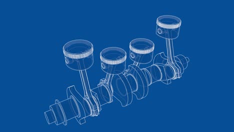 animation of crankshaft and four pistons. wire-frame or blueprint style