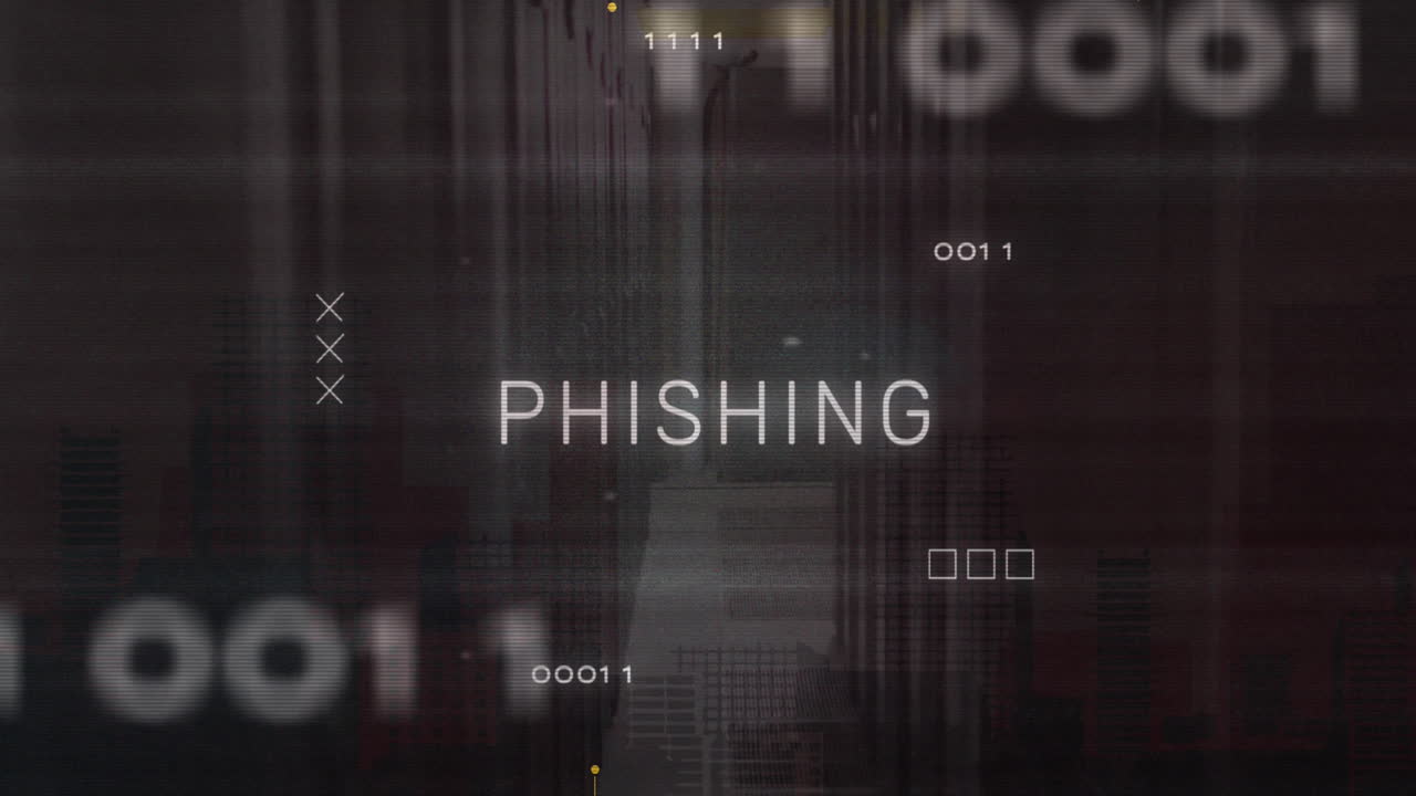 Animation of phishing text banner and microprocessor connections against computer server room