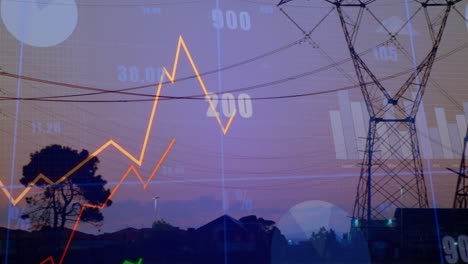 electrical transmission tower being rendered over dark suburban skyline, displaying data charts
