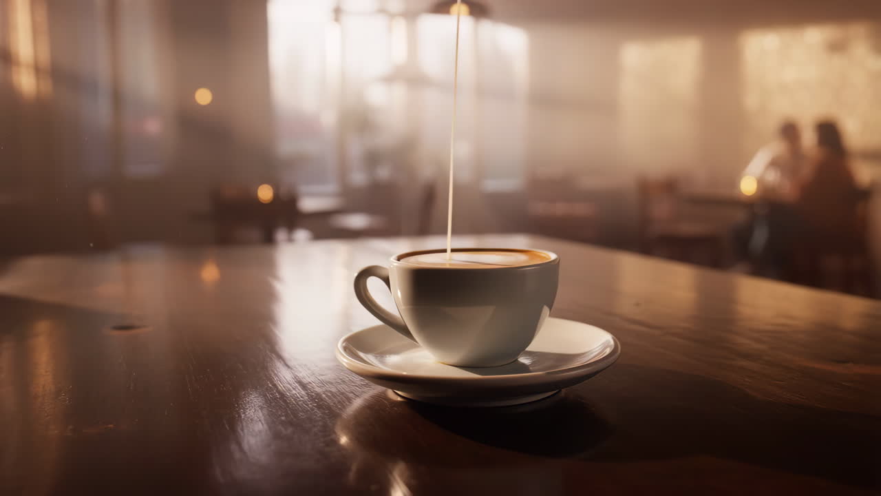 Milk being poured into a coffee cup on a wooden table in a warm cafe