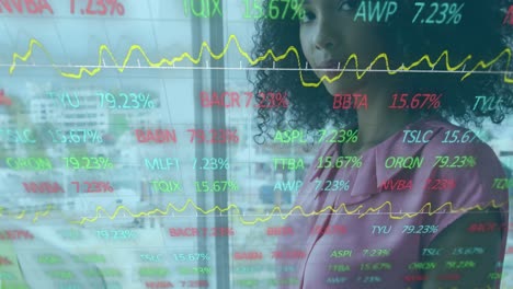 Animación-Del-Procesamiento-De-Datos-Del-Mercado-De-Valores-Sobre-Una-Feliz-Mujer-Afroamericana-Usando-Una-Computadora-Portátil-En-La-Oficina