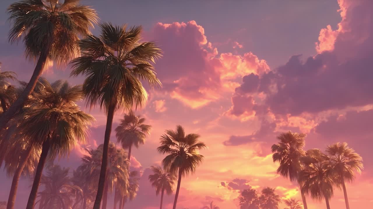 A Serene Sunset Over Palm Trees, Illuminating the Sky with Vibrant Pink and Orange Hues, Capturing the Tranquility of a Tropical Paradise Landscape