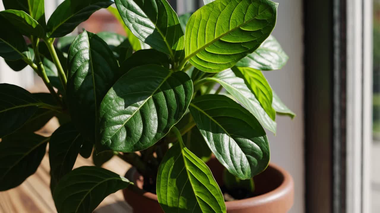 Vídeo em close-up de folhas verdes vibrantes sob luz natural, filmado de um ângulo lateral
