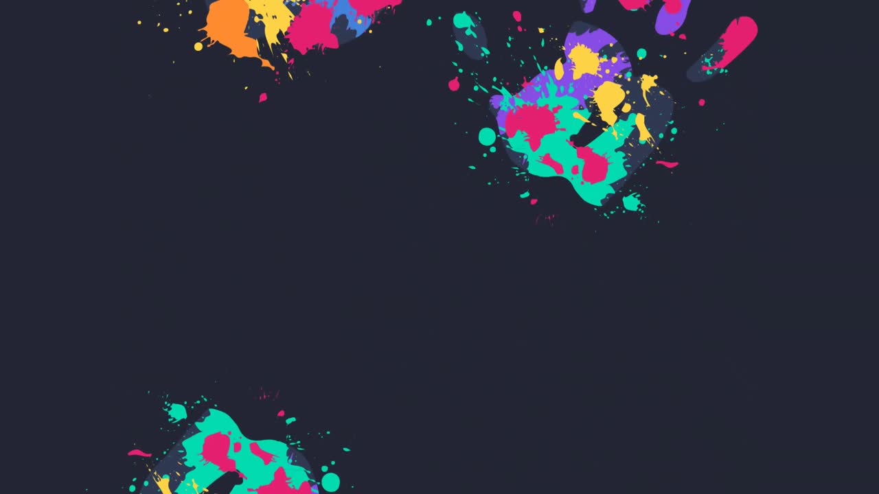 Animazione digitale di scie luminose colorate contro impronte di mani dipinte su sfondo blu