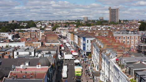 Forwards-fly-above-famous-street-market-on-Portobello-Road.-Aerial-view-of-street-with-stands-offering-various-products.-London,-UK