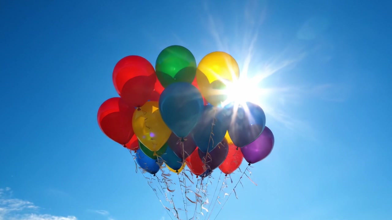 Palloncini colorati che salgono in un cielo azzurro brillante, irradiando gioia e celebrazione sotto la calda luce del sole in una splendida giornata.