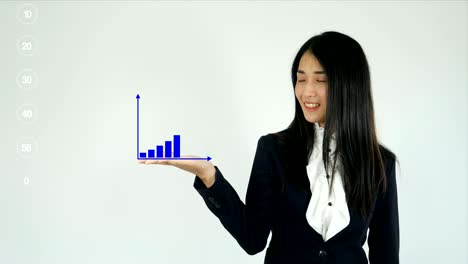 business woman with chart showing growth focus on foreground