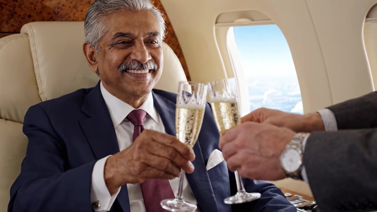 Un viaggio sofisticato: celebrare il lusso e l'eleganza all'interno di un jet privato con brindisi e vista sul cielo