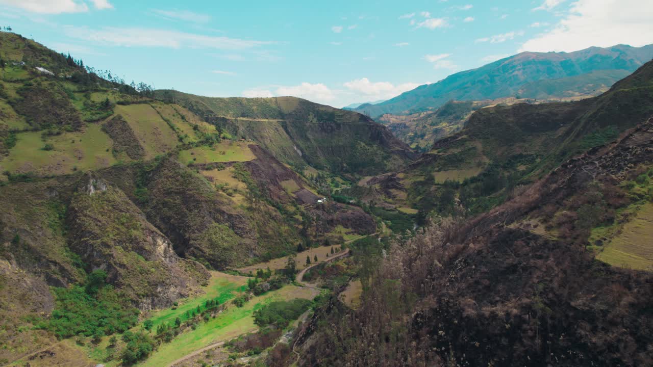 Ripresa aerea grandangolare di un drone che cattura le immense e ripide valli verdi e i canyon della regione di Quilotoa nelle Ande ecuadoriane