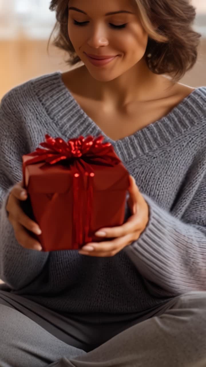 Una donna con un accogliente maglione grigio sorride calorosamente mentre tiene in mano un regalo rosso splendidamente incartato con un fiocco lucido, creando un'atmosfera di calore e gioia