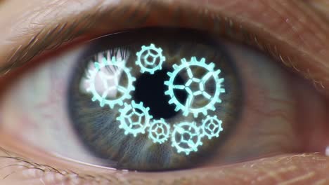 a close-up view of an eye reflecting intricate mechanical gears, symbolizing the intersection of biology and technology in understanding human perception