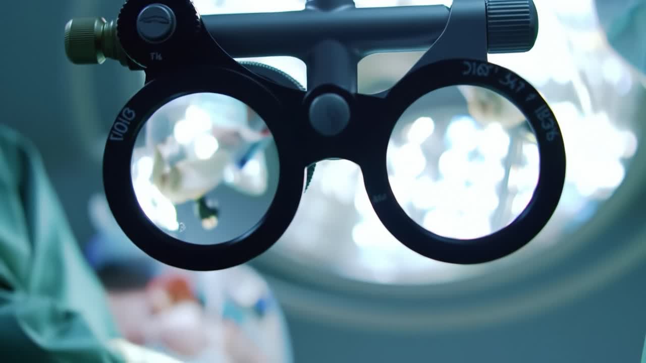 Medical professionals prepare for a surgical procedure in an operating room, ensuring all instruments are ready for use. Bright lights illuminate the intricate tools required for the operation.