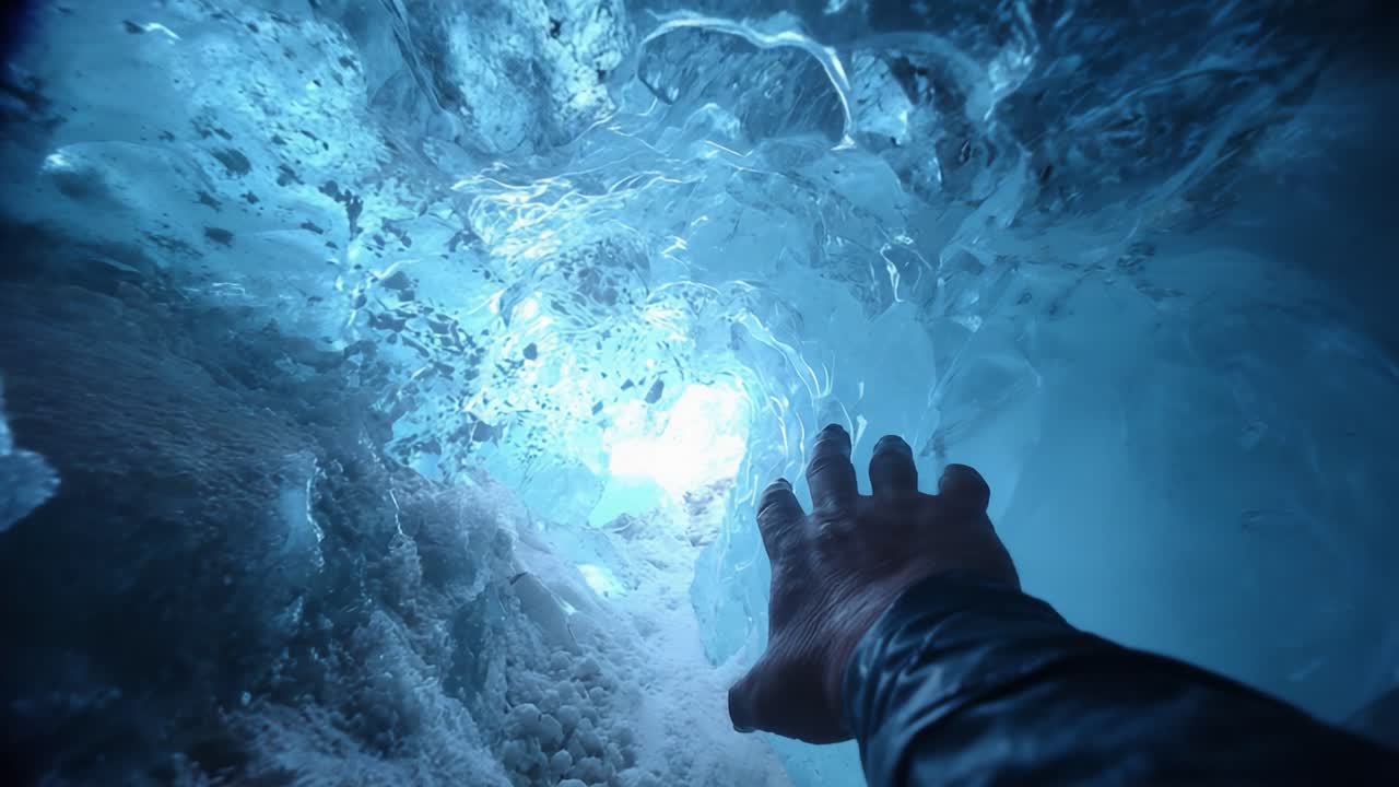 A Glimpse into an Ice Cave: Ethereal Blue Light Illuminates a Hand Reaching Through the Translucent Ice Walls, Capturing the Essence of Adventure and Discovery in a Hidden Natural Wonder