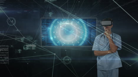 animation of network of connections and data processing over doctor wearing vr headset