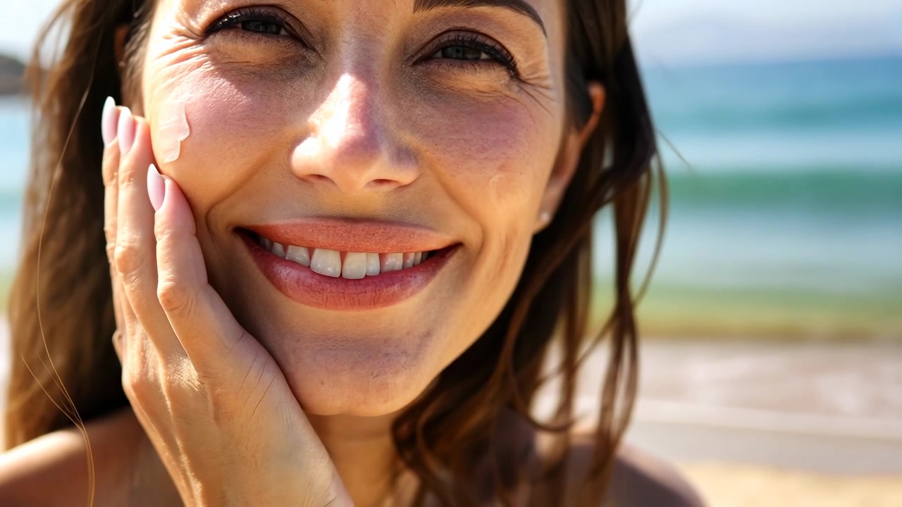 Happy Woman Applying Sunscreen to Her Face at the Beach