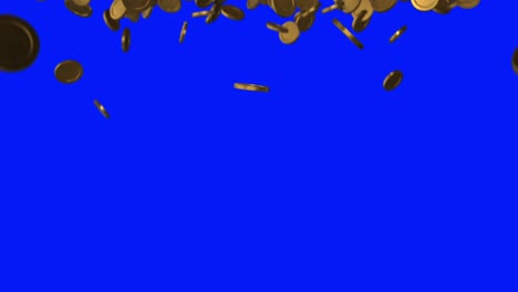 vertical transitional element, of a large number of golden metallic coins in mid-air against a keyable blue background. the coins are falling or floating and positioned in various orientations