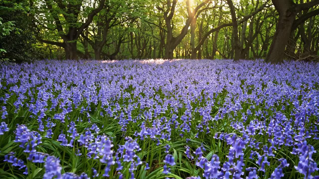 A serene video scene captures a low-angle view of a lush forest carpeted with vibrant bluebells