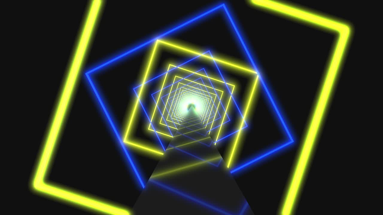 Volo attraverso quadrati al neon luminosi e rotanti che creano un tunnel, luce blu e gialla, illuminazione moderna e colorata, animazione in loop 4k