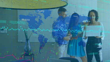 Animation-of-graphs,-numbers-and-map-over-diverse-coworkers-discussing-reports-on-laptop