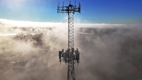 an aerial view of a cell tower in south carolina surrounded by clouds.