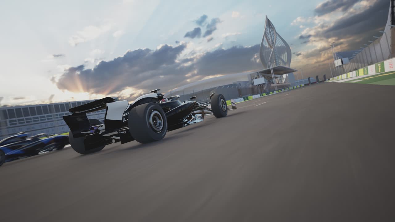 Racerbiler i høy hastighet på en moderne racerbane, F1