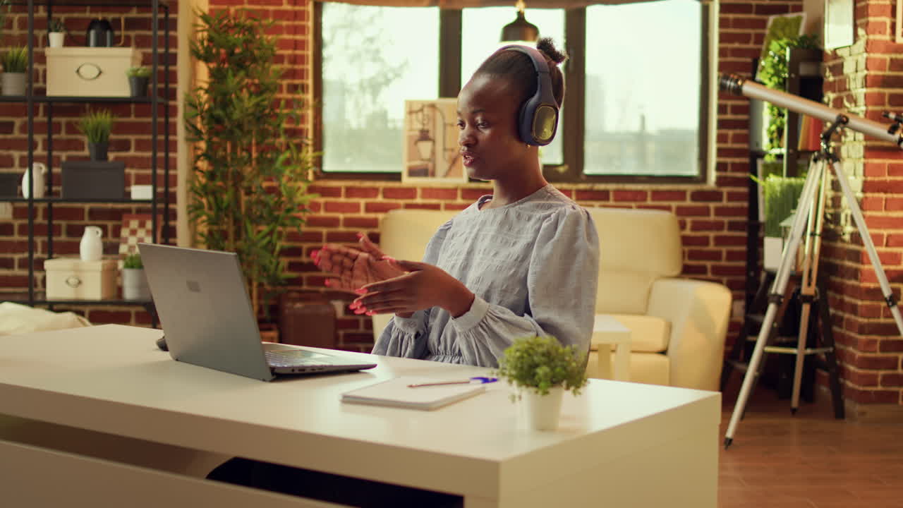 Relaxed woman listens to music