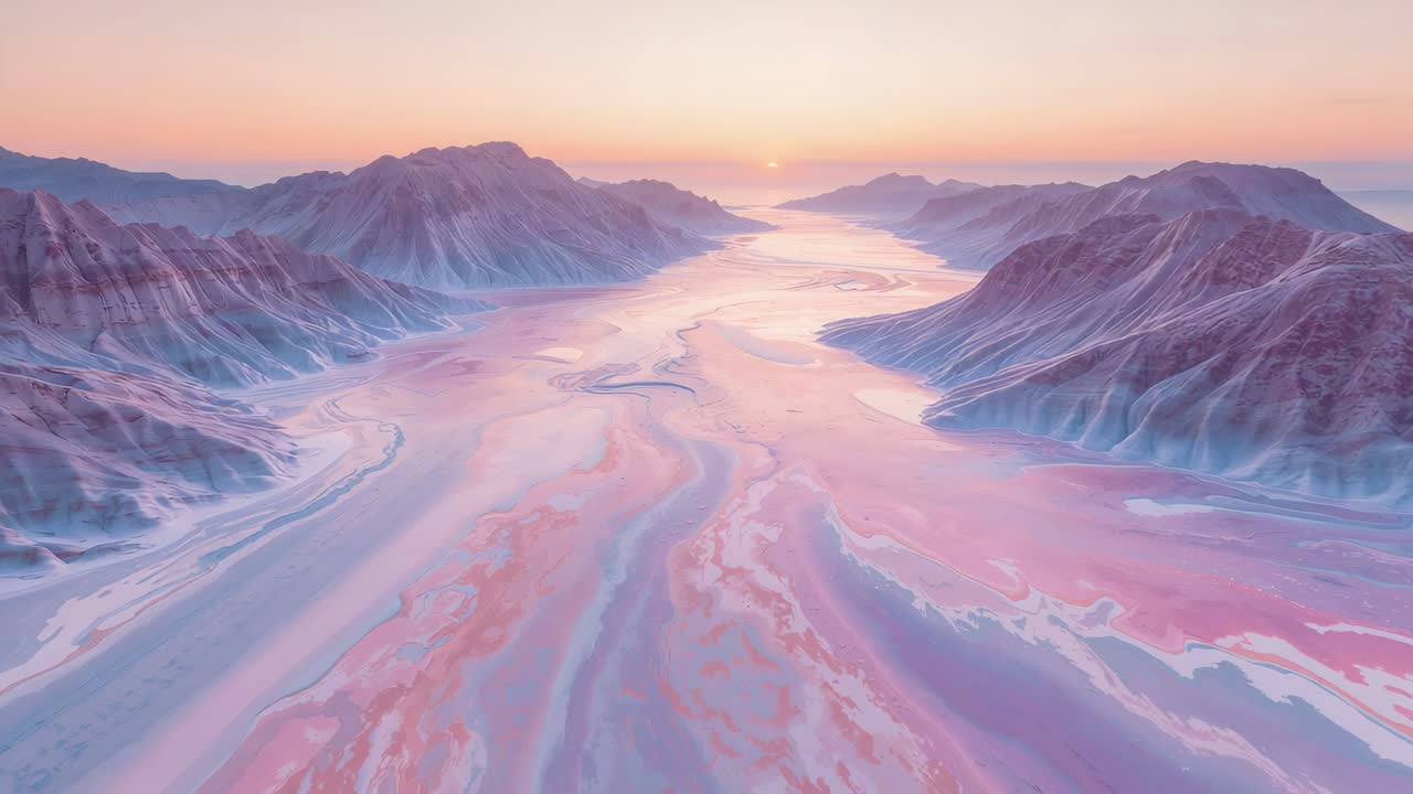 Gliding drone moving and dropping over pale braided salt flat at sunrise, capturing light on ridges