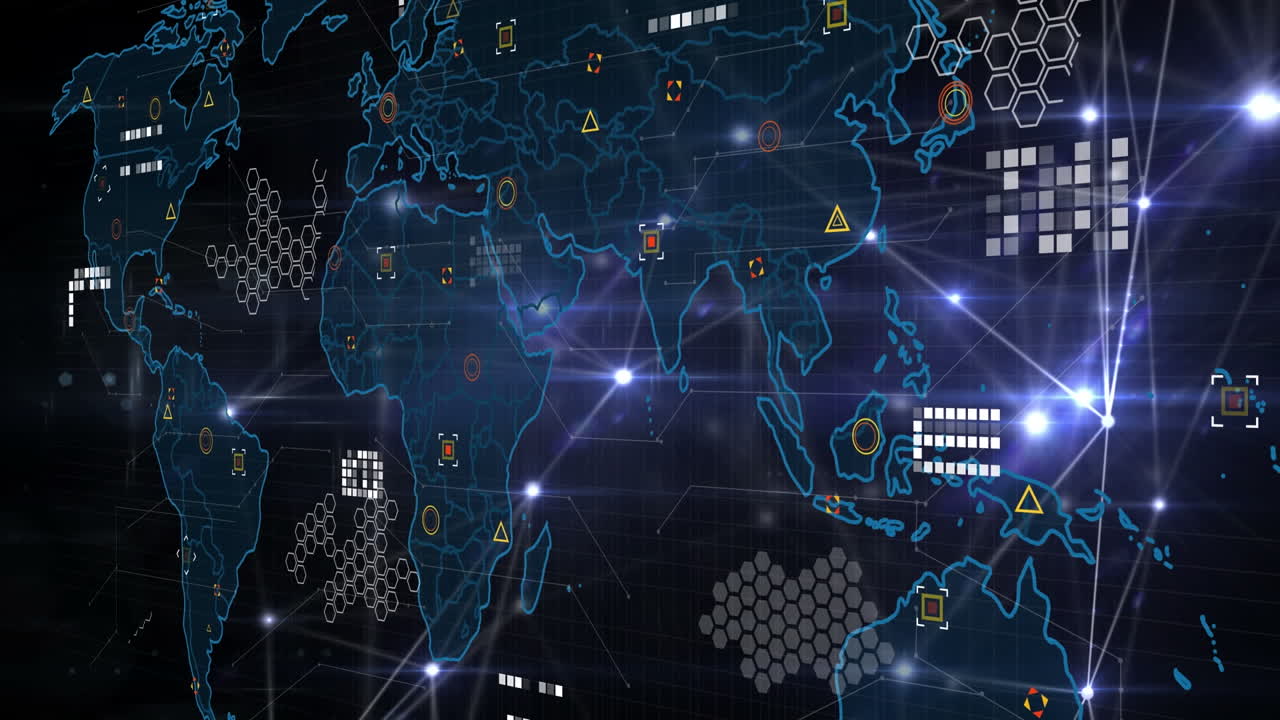 검은 바탕에 빛의 반점에 대항하여 세계 지도 위에 빛나는 연결 네트워크