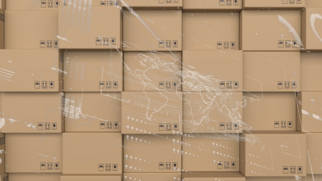 데이터 처리에 대한 애니메이션과 창고의 카드보드 스테이크 위에서 회전하는 지구